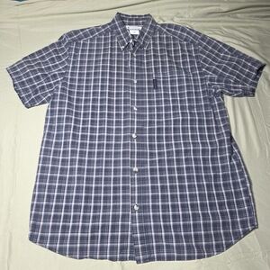 Short-Sleeve Plaid Button-Down Shirt - Navy/White